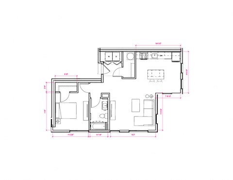 Floor plan for 1 bed, 1 bath, 739 sqft